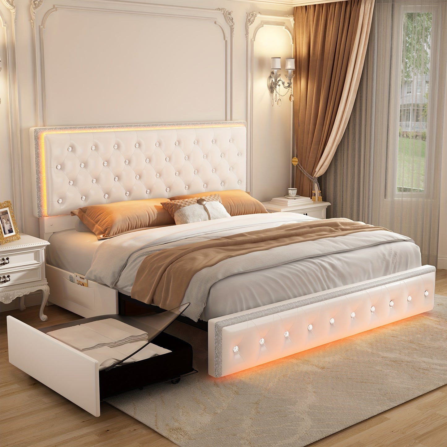 Sibeds Queen Size Upholstered LED Bed Frame With Storage Drawers, King Size Platform Storage Full Bed With Crystal Button Tufted Headboard And Solid Slats Support, Noise Free, No Box Spring Needed, PU Luxury Beds Girls Men's