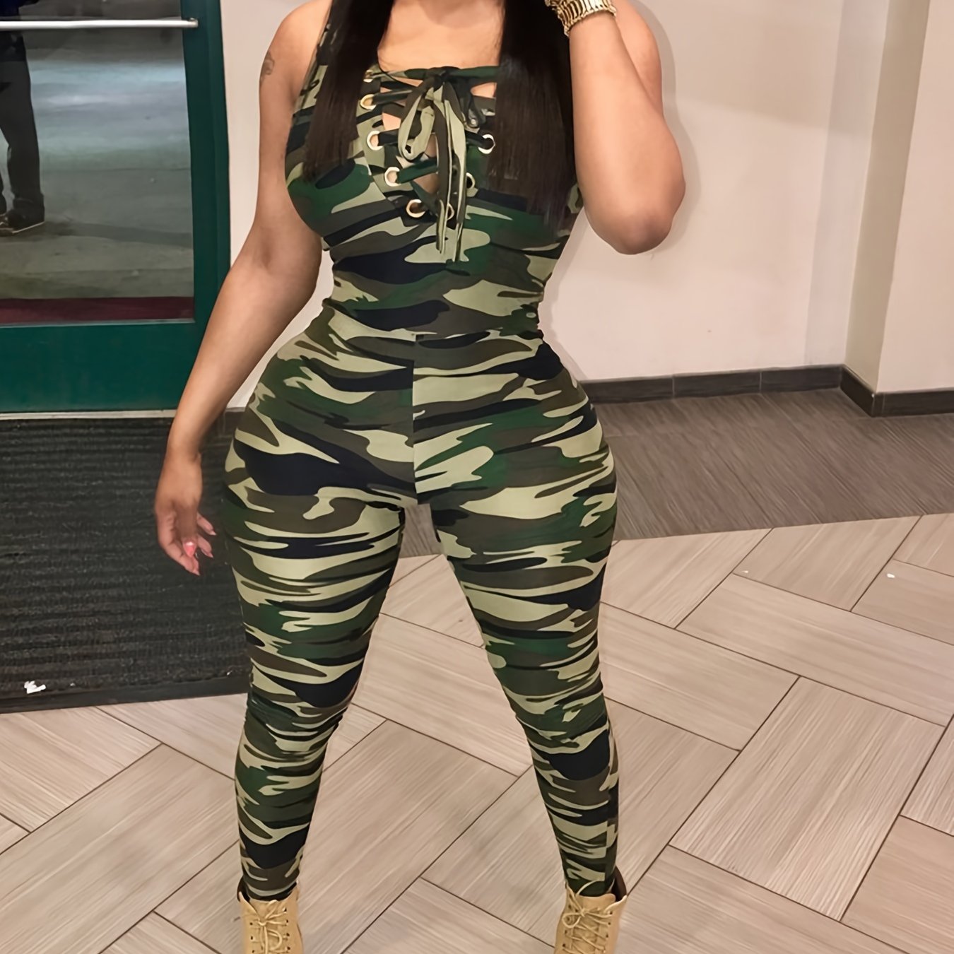 Sleeveless Leopard Print Sexy Jumpsuit, Skinny Camouflage Knitted Jumpsuit, Women's Clothing