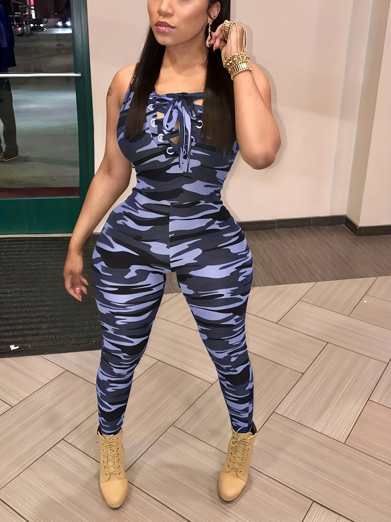 Sleeveless Leopard Print Sexy Jumpsuit, Skinny Camouflage Knitted Jumpsuit, Women's Clothing