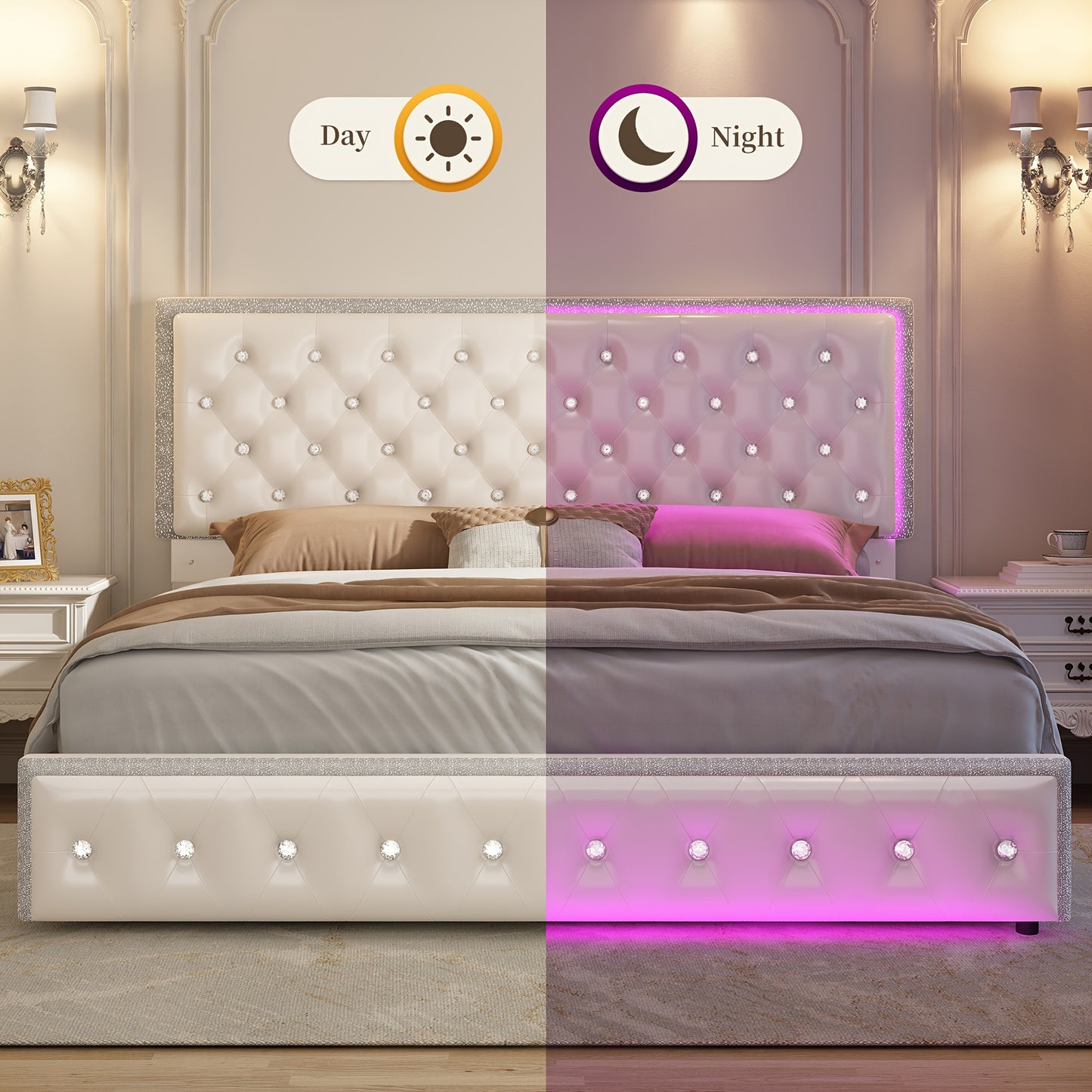 Sibeds Queen Size Upholstered LED Bed Frame With Storage Drawers, King Size Platform Storage Full Bed With Crystal Button Tufted Headboard And Solid Slats Support, Noise Free, No Box Spring Needed, PU Luxury Beds Girls Men's