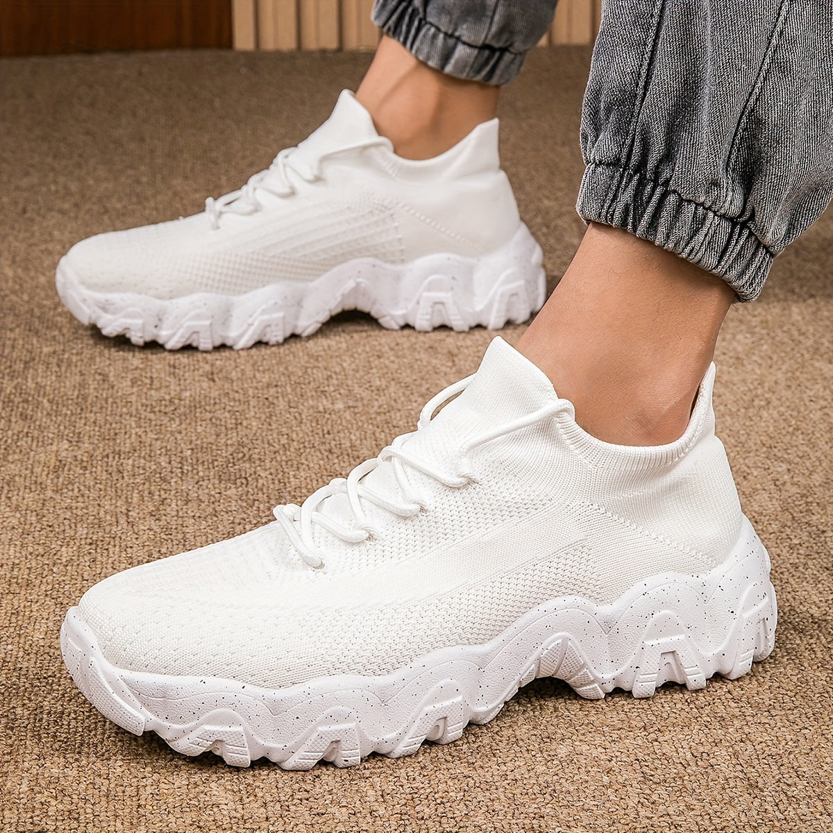 Men'S Casual Sneakers - Breathable Knit Upper, Geometric Pattern, Lace-Up Closure, Durable Rubber Sole, Comfortable Fabric Lining for Spring Sports & Casual Attire, Athletic Footwear | Geometric Pattern Shoes | Knit Construct