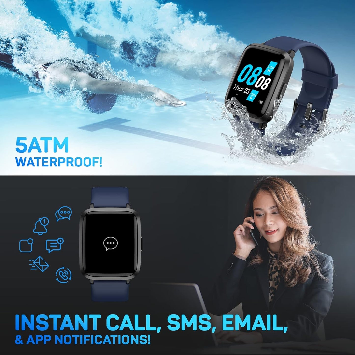 Pro-Fit Go Veryfitpro Smart Watch Activity Fitness Tracker Heart Rate Blood Oxygen Blood Pressure & Sleep Monitor Calorie Counter Pedometer Compatible with Iphone Samsung & Android (ID205U) (Blue)