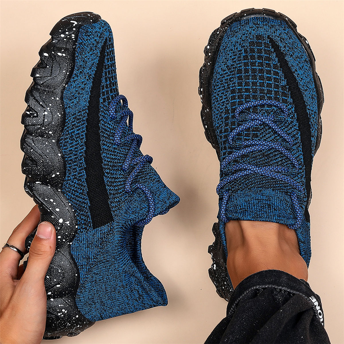 Men'S Casual Sneakers - Breathable Knit Upper, Geometric Pattern, Lace-Up Closure, Durable Rubber Sole, Comfortable Fabric Lining for Spring Sports & Casual Attire, Athletic Footwear | Geometric Pattern Shoes | Knit Construct