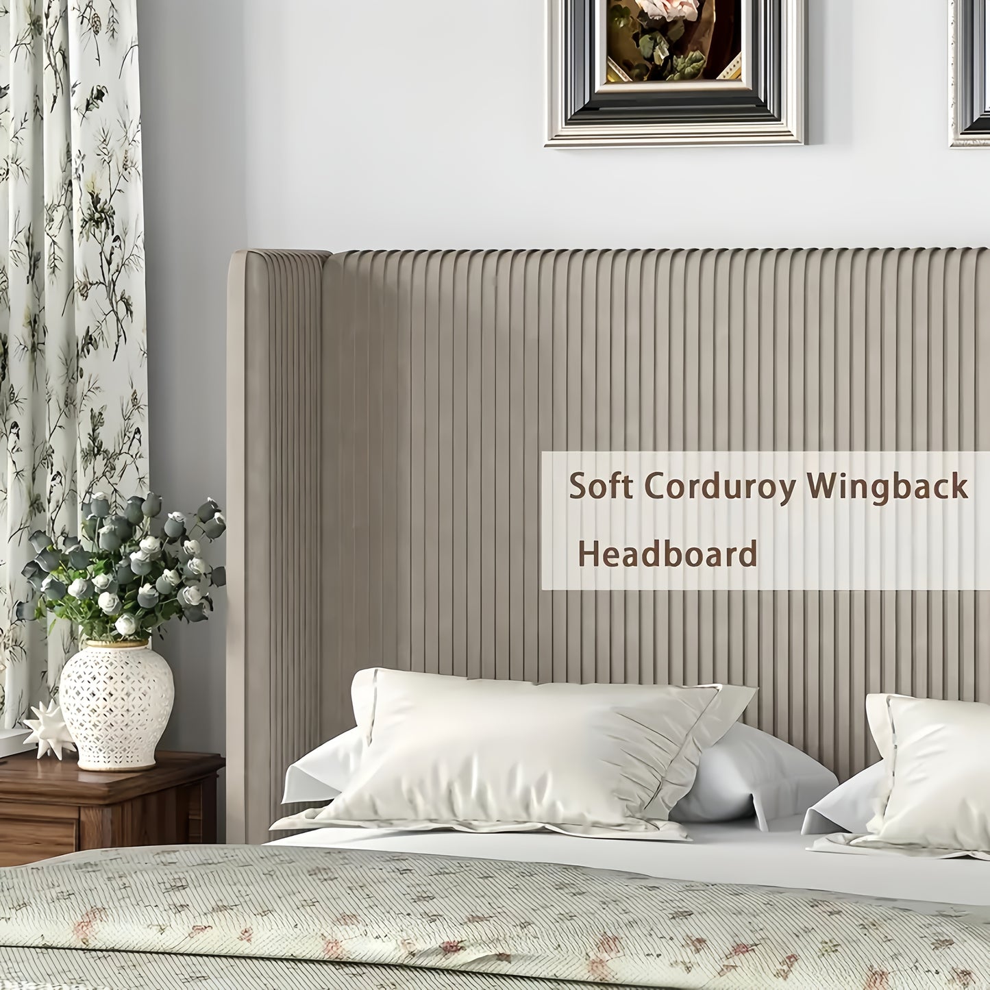 Bedroom Furniture| Elegant Beige Corduroy Upholstered Bed Frame - Soft, Low Profile Platform Bed with Vertical Tufted Headboard, No Box Spring Needed, Easy Assembly, Hardwood Fiber Board, Full Body Support, Bed Accessories