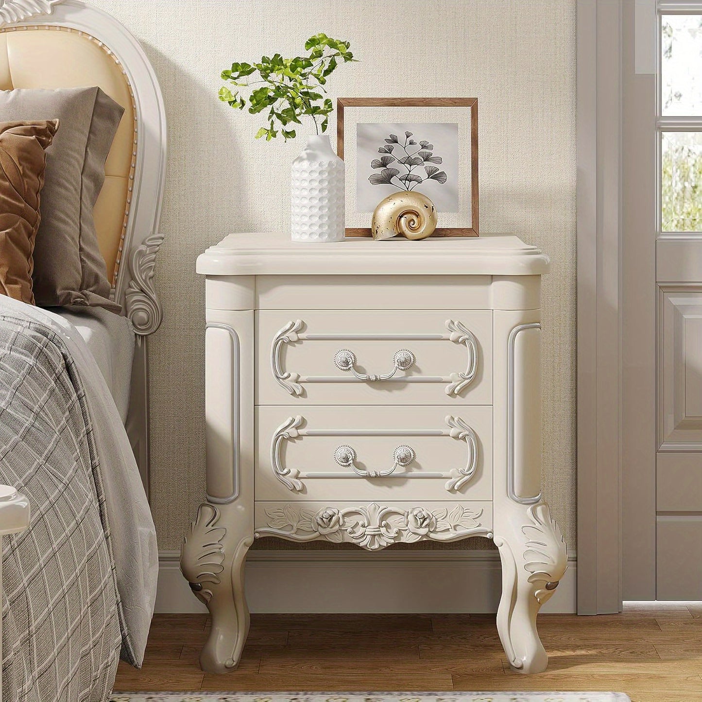 White Nightstand, End Table with 2 Drawers, Carved Bedside Tables, Side Table for Living Room, Classic Night Stand Furniture