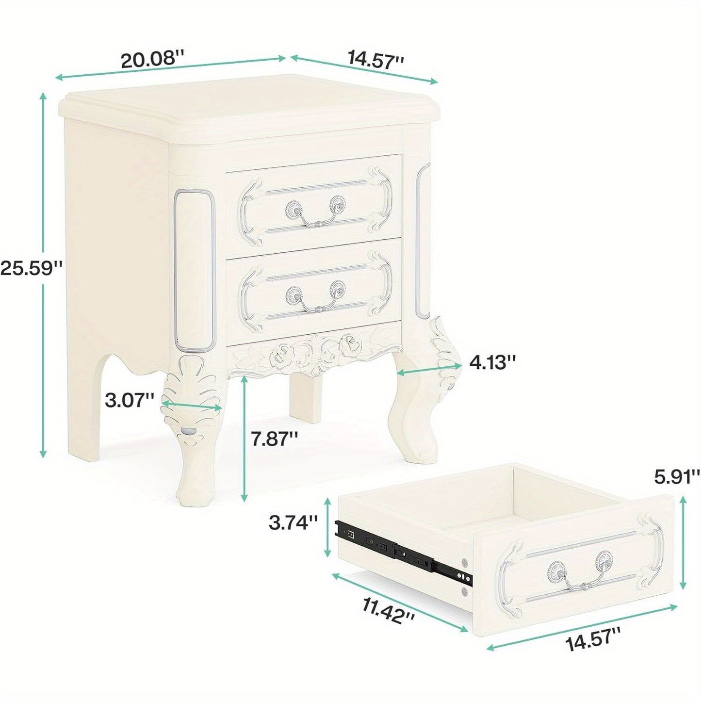 White Nightstand, End Table with 2 Drawers, Carved Bedside Tables, Side Table for Living Room, Classic Night Stand Furniture