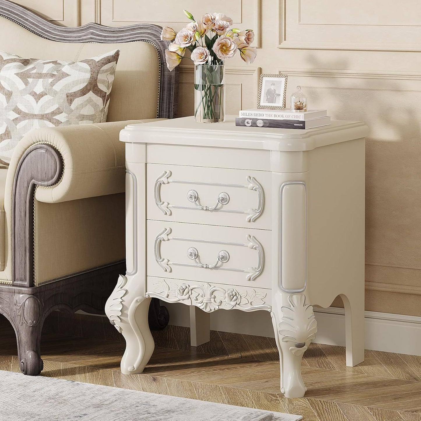 White Nightstand, End Table with 2 Drawers, Carved Bedside Tables, Side Table for Living Room, Classic Night Stand Furniture