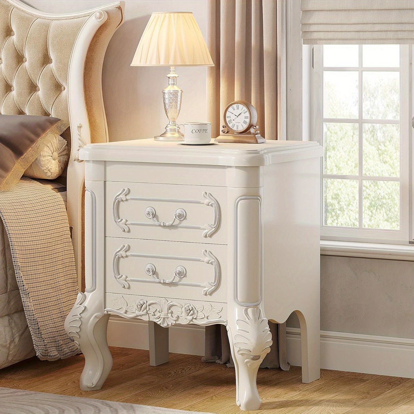 White Nightstand, End Table with 2 Drawers, Carved Bedside Tables, Side Table for Living Room, Classic Night Stand Furniture