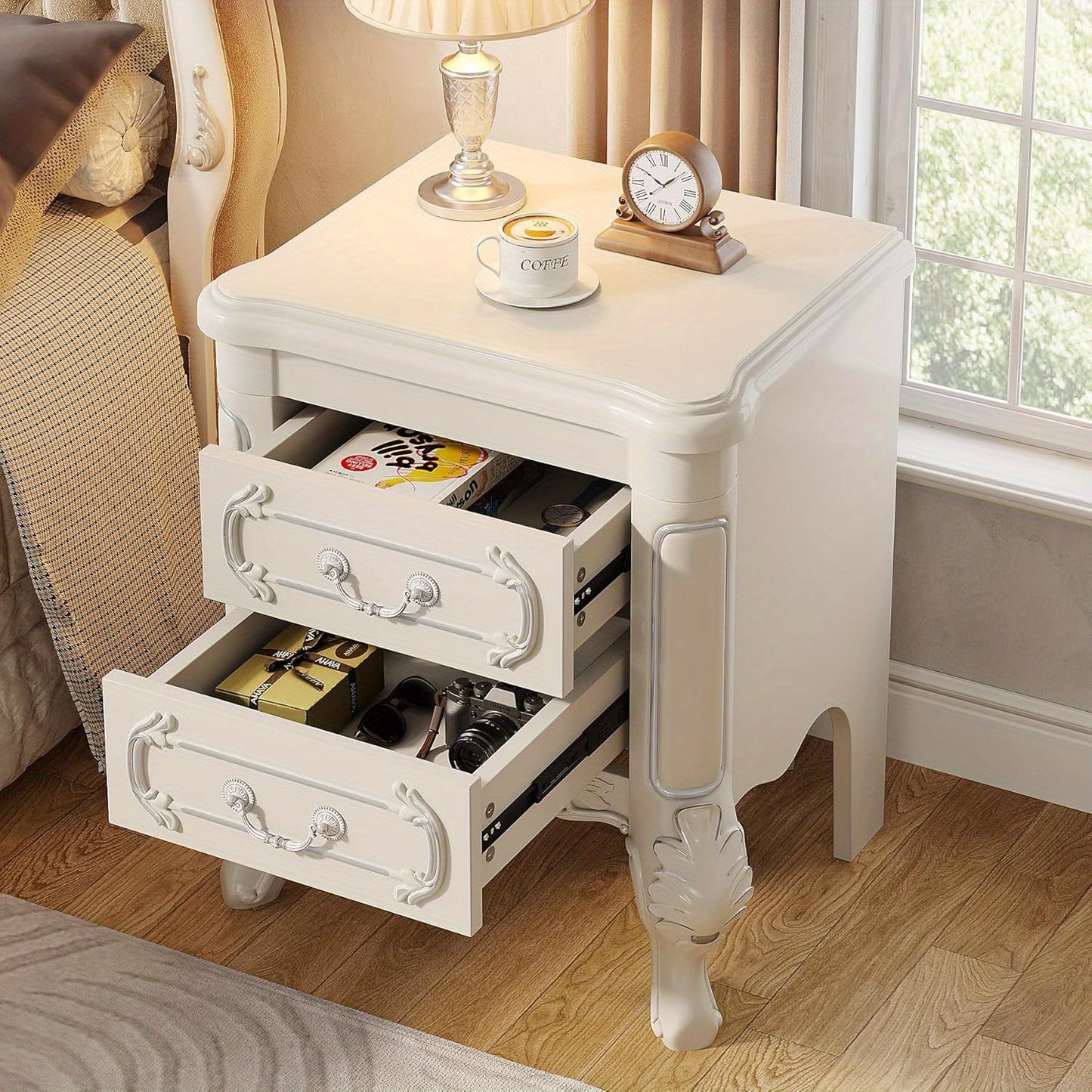 White Nightstand, End Table with 2 Drawers, Carved Bedside Tables, Side Table for Living Room, Classic Night Stand Furniture