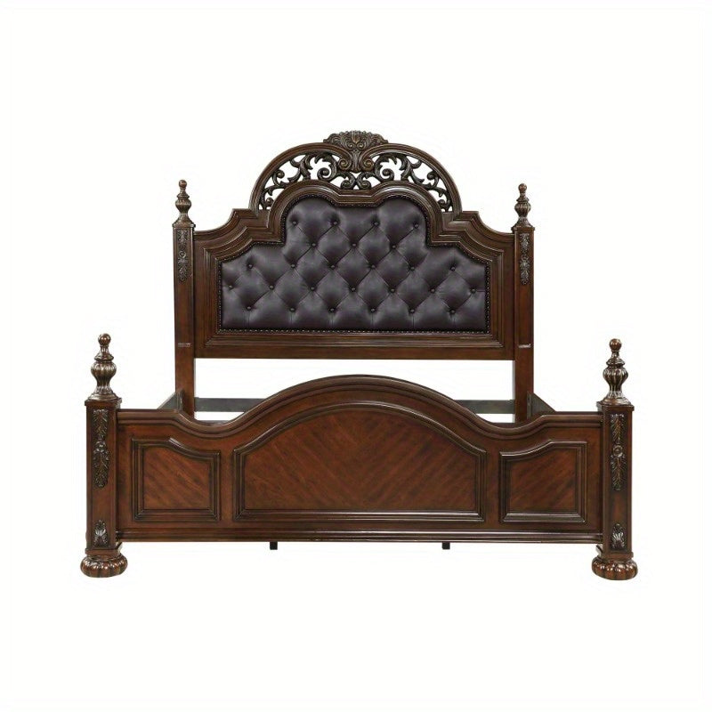 Formal Traditional Queen Bed 1pc Button Tufted Upholstered Headboard Posts Cherry Finish Bedroom Furniture Carving Wood Design