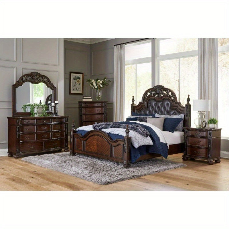 Formal Traditional Queen Bed 1pc Button Tufted Upholstered Headboard Posts Cherry Finish Bedroom Furniture Carving Wood Design