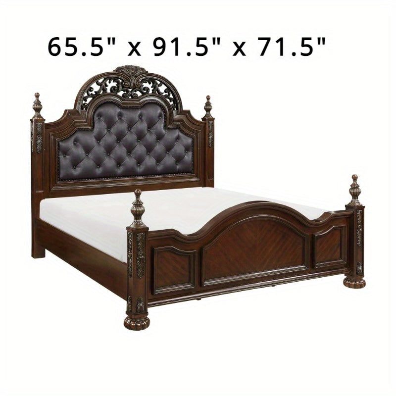 Formal Traditional Queen Bed 1pc Button Tufted Upholstered Headboard Posts Cherry Finish Bedroom Furniture Carving Wood Design