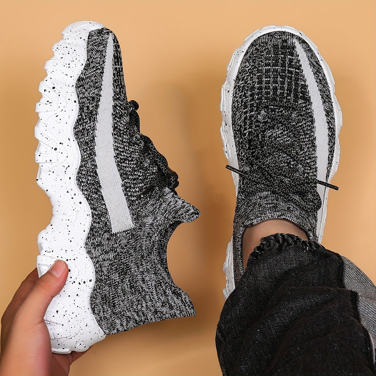 Men'S Casual Sneakers - Breathable Knit Upper, Geometric Pattern, Lace-Up Closure, Durable Rubber Sole, Comfortable Fabric Lining for Spring Sports & Casual Attire, Athletic Footwear | Geometric Pattern Shoes | Knit Construct