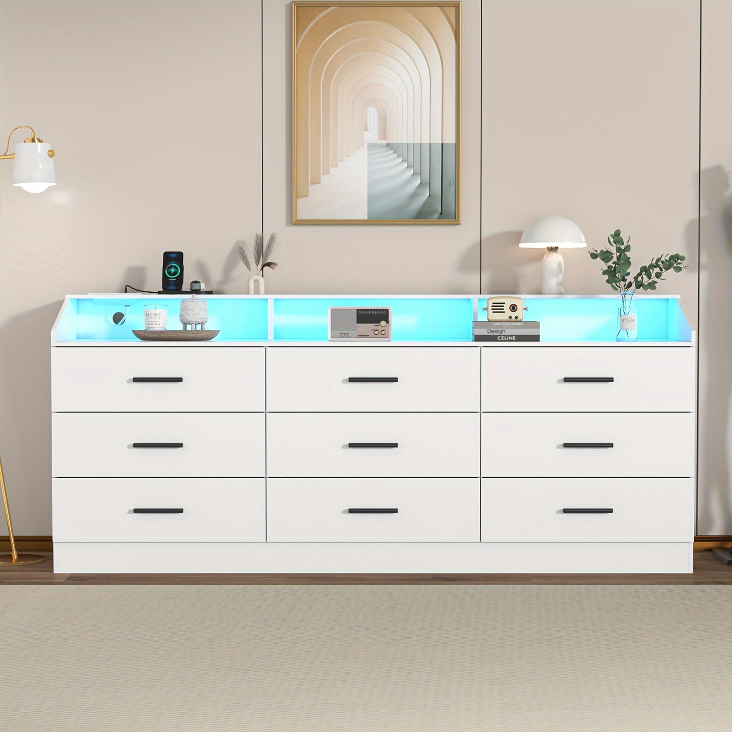 Modern Dresser with Integrated Power Outlet - 9-Drawer Storage Organizer, USB/US Plug, Space-Saving Design for Bedroom, Living Room, Entryway - Easy Assembly Required, Dresser for Bedroom, Bedroom Furniture, Contemporary Styl