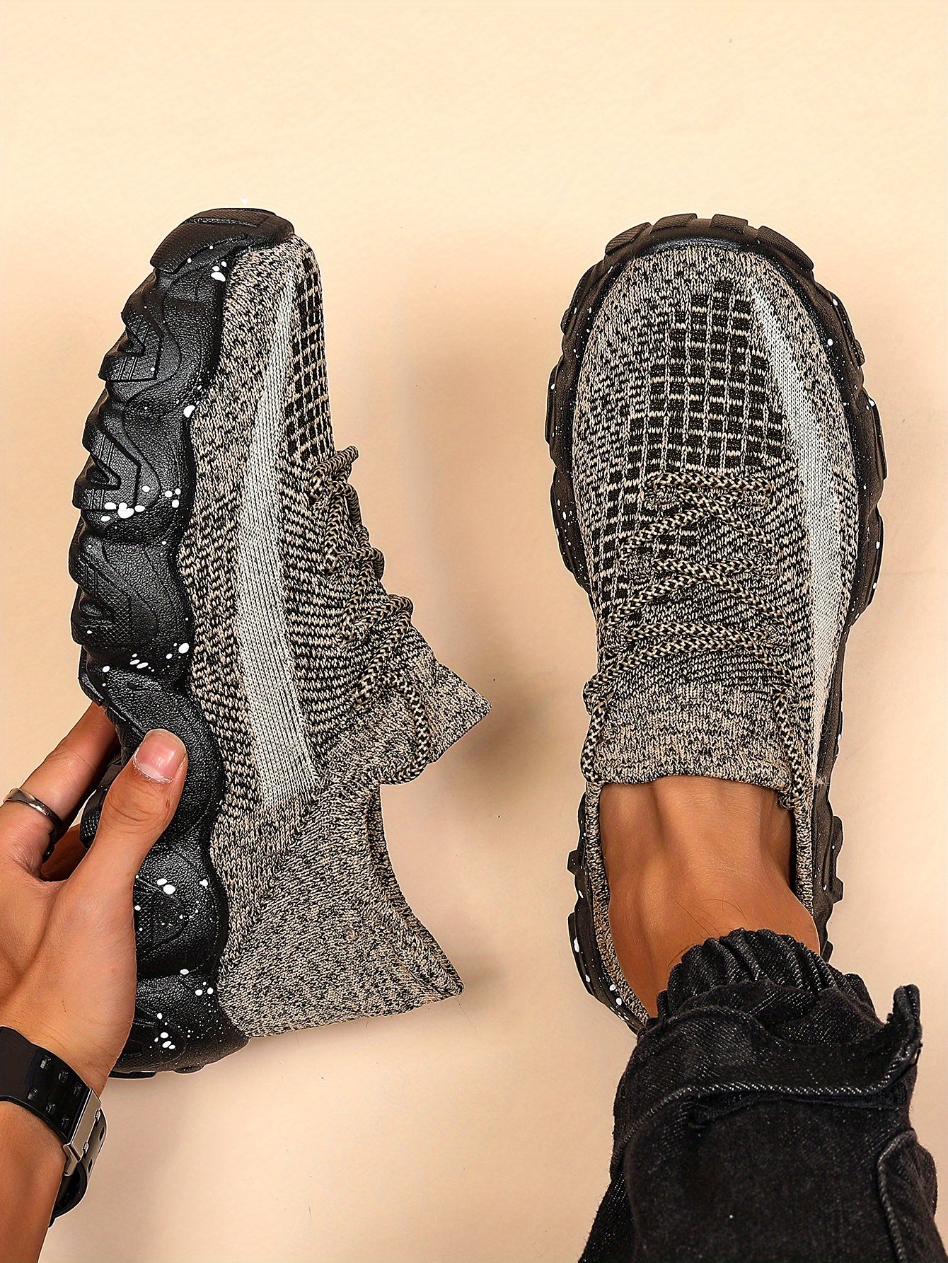 Men'S Casual Sneakers - Breathable Knit Upper, Geometric Pattern, Lace-Up Closure, Durable Rubber Sole, Comfortable Fabric Lining for Spring Sports & Casual Attire, Athletic Footwear | Geometric Pattern Shoes | Knit Construct