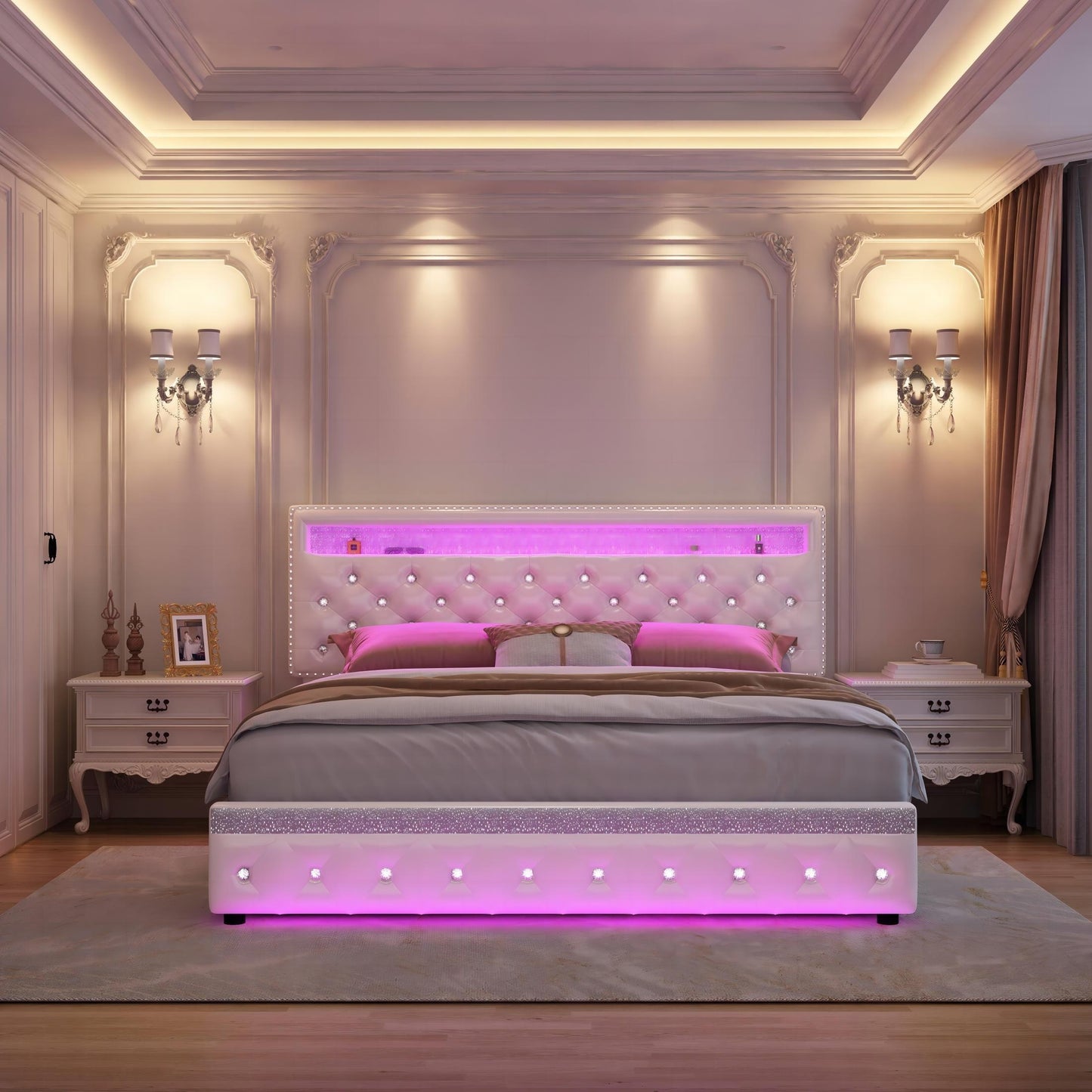 Sibeds Queen Size Bed Frame With LED Lights, Upholstered Bed Frames Full With 2 Storage Drawers, King Size Platform Bed With Adjustable Crystal Button Tufted Headboard, No Box Spring Needed, PU Luxury Beds Girls Men'S Bedroom