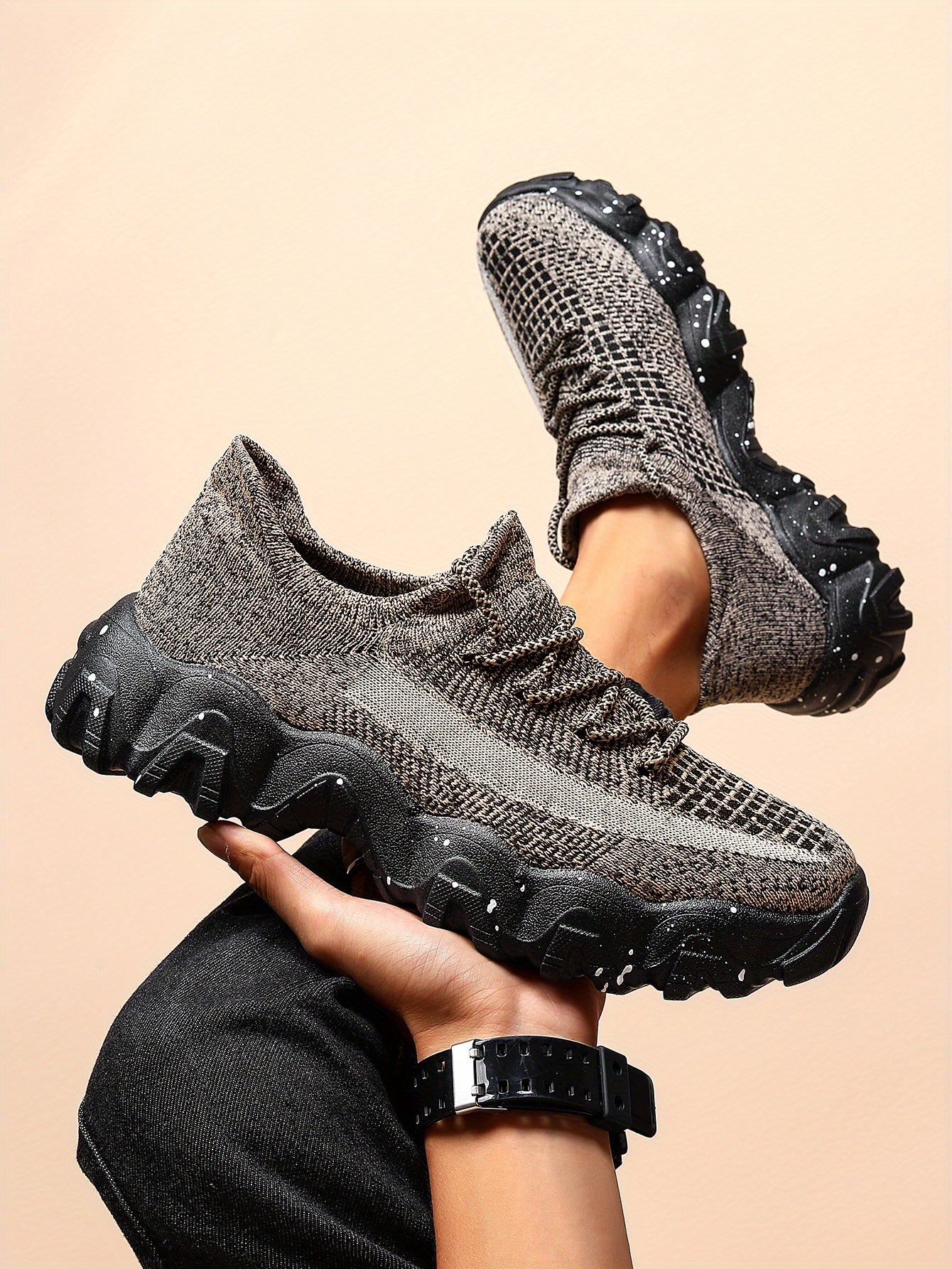 Men'S Casual Sneakers - Breathable Knit Upper, Geometric Pattern, Lace-Up Closure, Durable Rubber Sole, Comfortable Fabric Lining for Spring Sports & Casual Attire, Athletic Footwear | Geometric Pattern Shoes | Knit Construct
