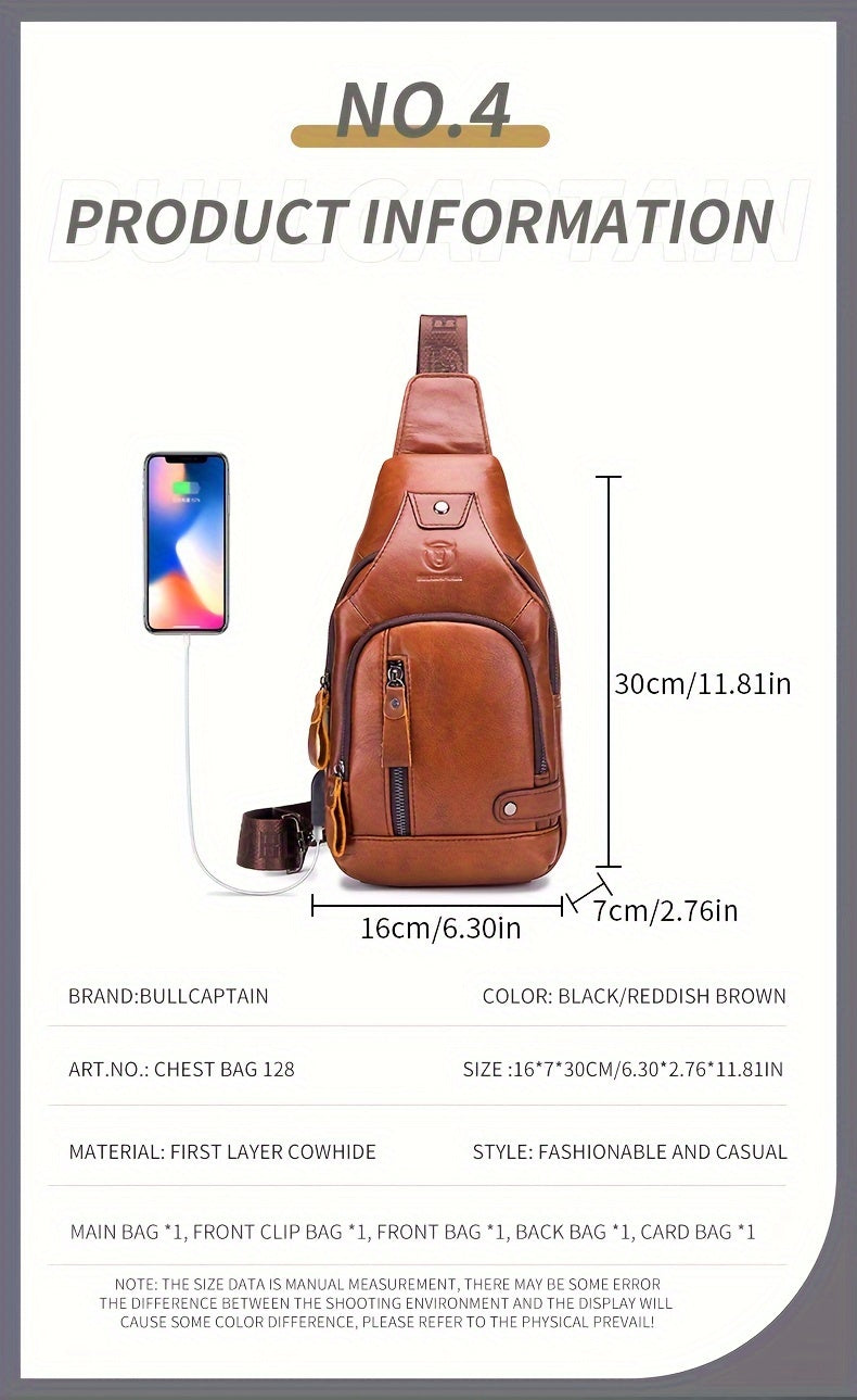 Fashion-Forward Men's Genuine Leather Bag: Adjustable, Spacious & Detailed for All Outings