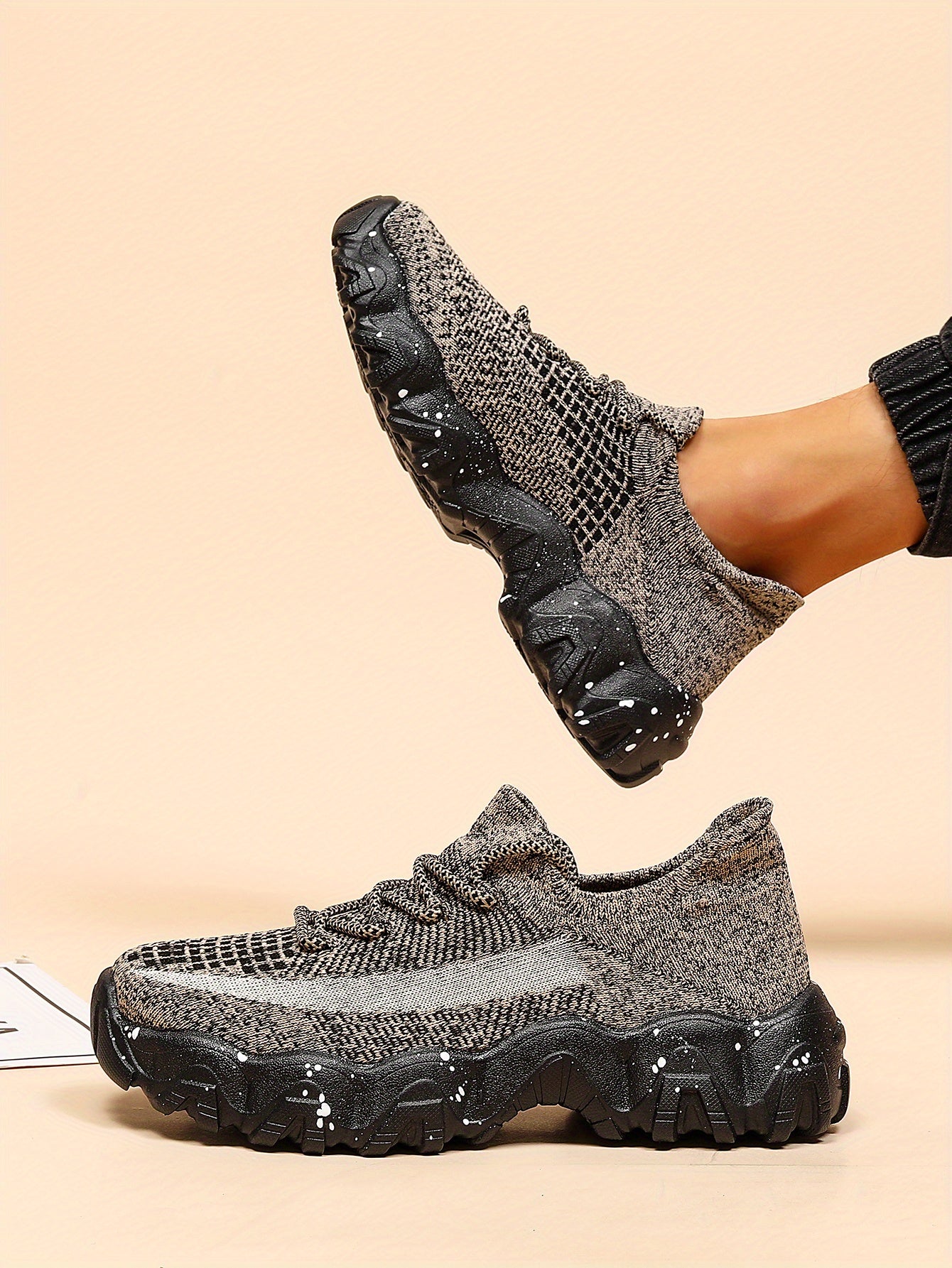 Men'S Casual Sneakers - Breathable Knit Upper, Geometric Pattern, Lace-Up Closure, Durable Rubber Sole, Comfortable Fabric Lining for Spring Sports & Casual Attire, Athletic Footwear | Geometric Pattern Shoes | Knit Construct