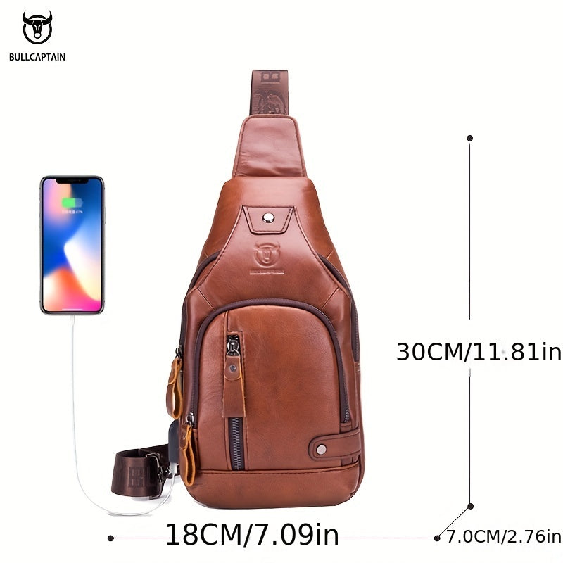 Fashion-Forward Men's Genuine Leather Bag: Adjustable, Spacious & Detailed for All Outings