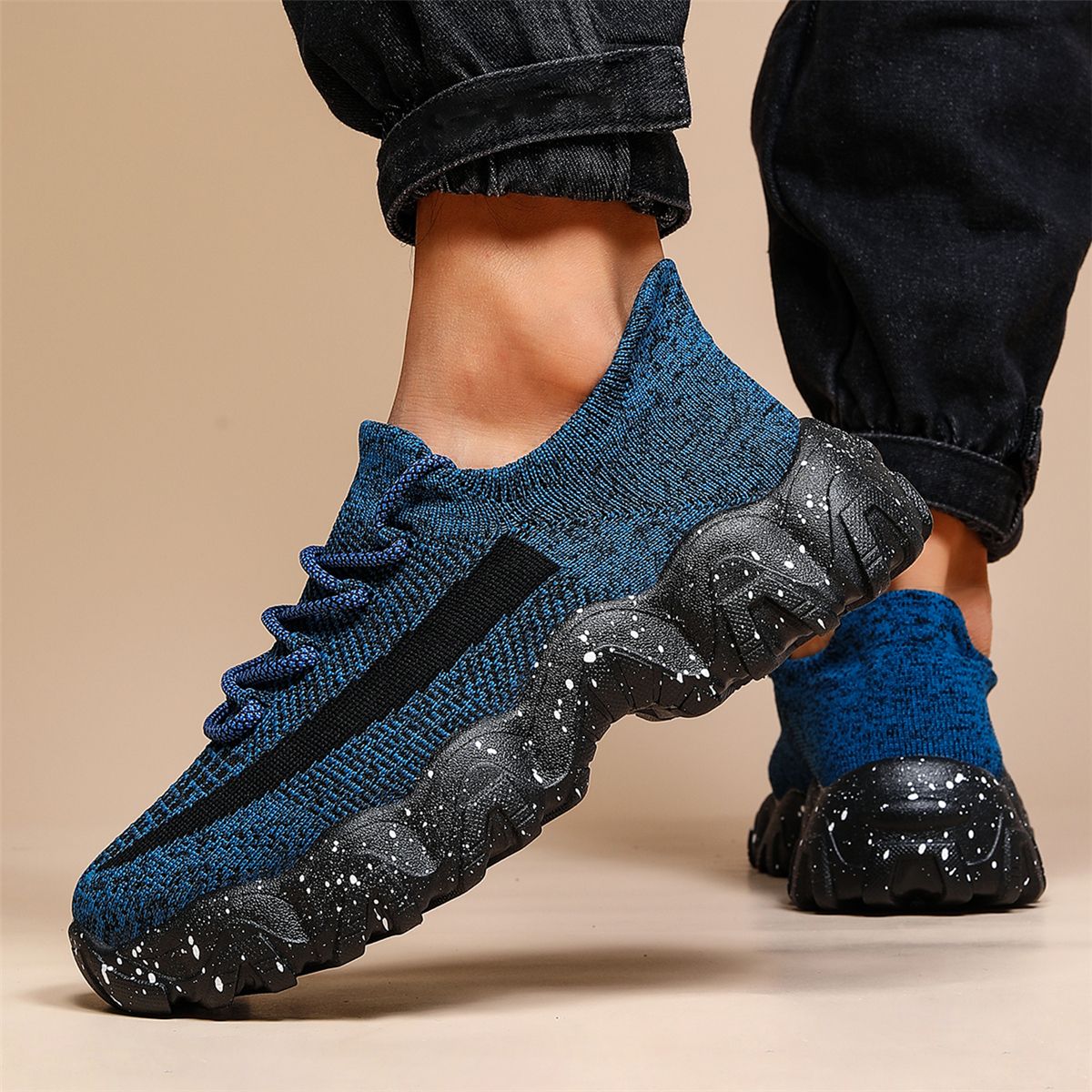 Men'S Casual Sneakers - Breathable Knit Upper, Geometric Pattern, Lace-Up Closure, Durable Rubber Sole, Comfortable Fabric Lining for Spring Sports & Casual Attire, Athletic Footwear | Geometric Pattern Shoes | Knit Construct