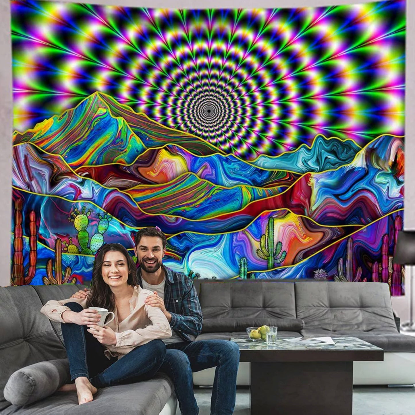 Colorful Psychedelic Mountain Tapestry: Modern Abstract Art for Bedroom or Living Room