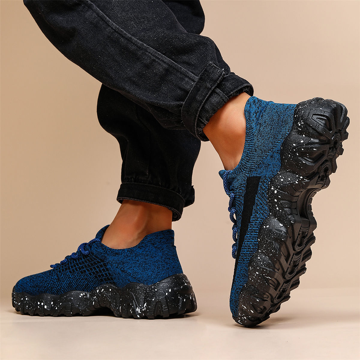 Men'S Casual Sneakers - Breathable Knit Upper, Geometric Pattern, Lace-Up Closure, Durable Rubber Sole, Comfortable Fabric Lining for Spring Sports & Casual Attire, Athletic Footwear | Geometric Pattern Shoes | Knit Construct