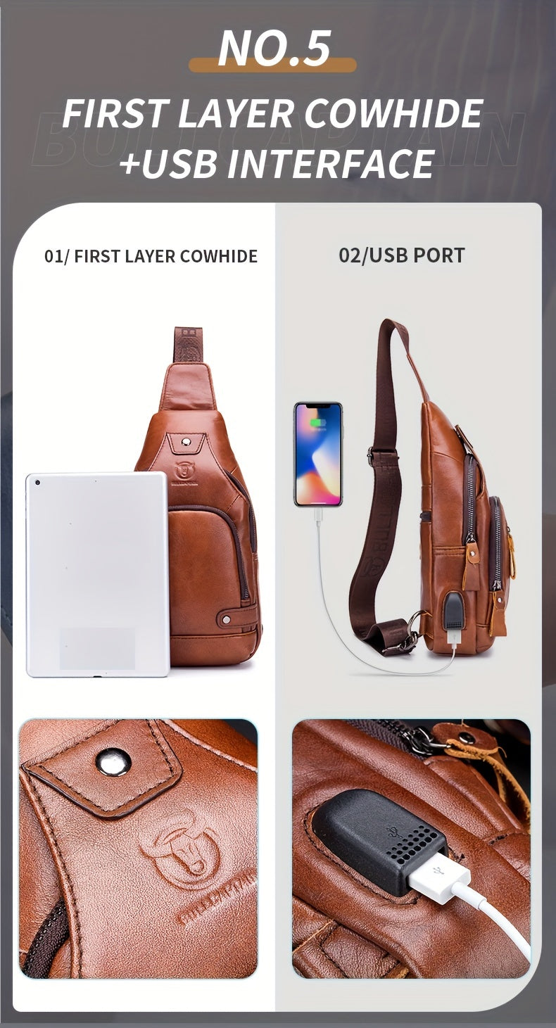 Fashion-Forward Men's Genuine Leather Bag: Adjustable, Spacious & Detailed for All Outings