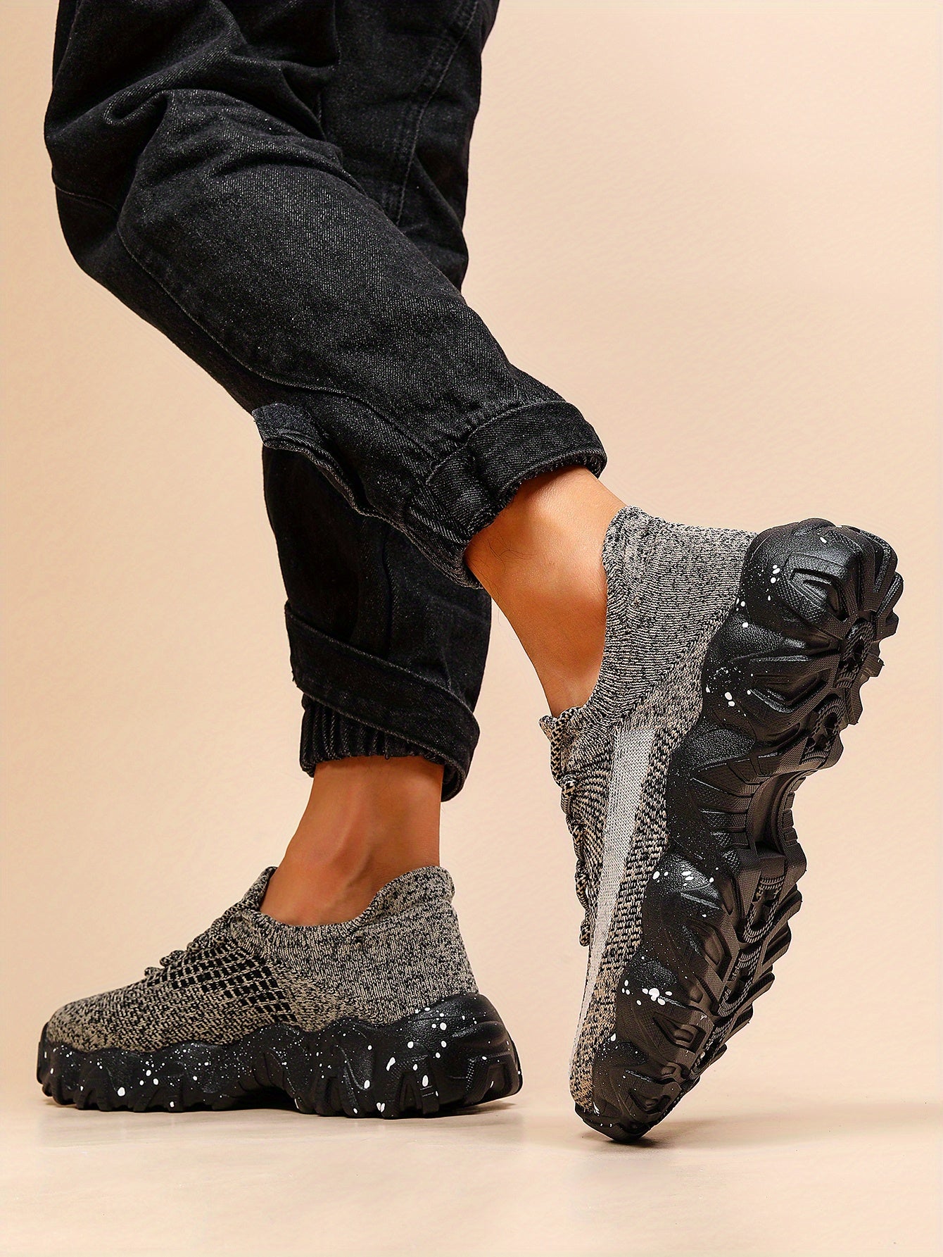Men'S Casual Sneakers - Breathable Knit Upper, Geometric Pattern, Lace-Up Closure, Durable Rubber Sole, Comfortable Fabric Lining for Spring Sports & Casual Attire, Athletic Footwear | Geometric Pattern Shoes | Knit Construct