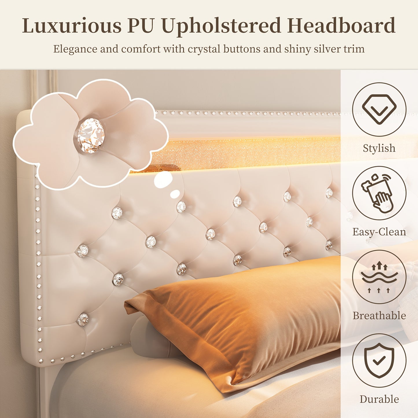 Sibeds Queen Size Bed Frame With LED Lights, Upholstered Bed Frames Full With 2 Storage Drawers, King Size Platform Bed With Adjustable Crystal Button Tufted Headboard, No Box Spring Needed, PU Luxury Beds Girls Men'S Bedroom