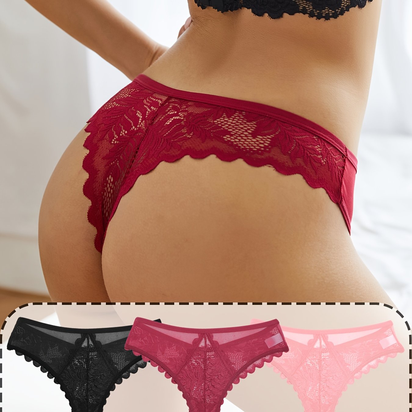 3 Pcs Sexy Lacy Trim Briefs, Breathable Semi-Sheer Thong - Women's Lingerie & Underwear - Lace Trim & Breathable Fabric - For Women - Perfect for Romantic Occasions - Ideal Gift for Her