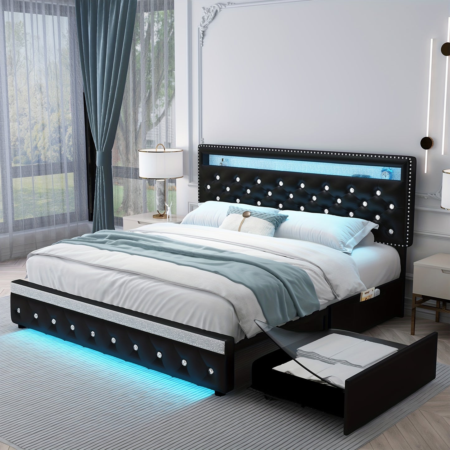 Sibeds Queen Size Bed Frame With LED Lights, Upholstered Bed Frames Full With 2 Storage Drawers, King Size Platform Bed With Adjustable Crystal Button Tufted Headboard, No Box Spring Needed, PU Luxury Beds Girls Men'S Bedroom
