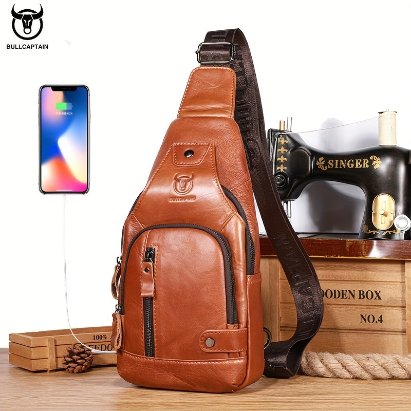 Fashion-Forward Men's Genuine Leather Bag: Adjustable, Spacious & Detailed for All Outings
