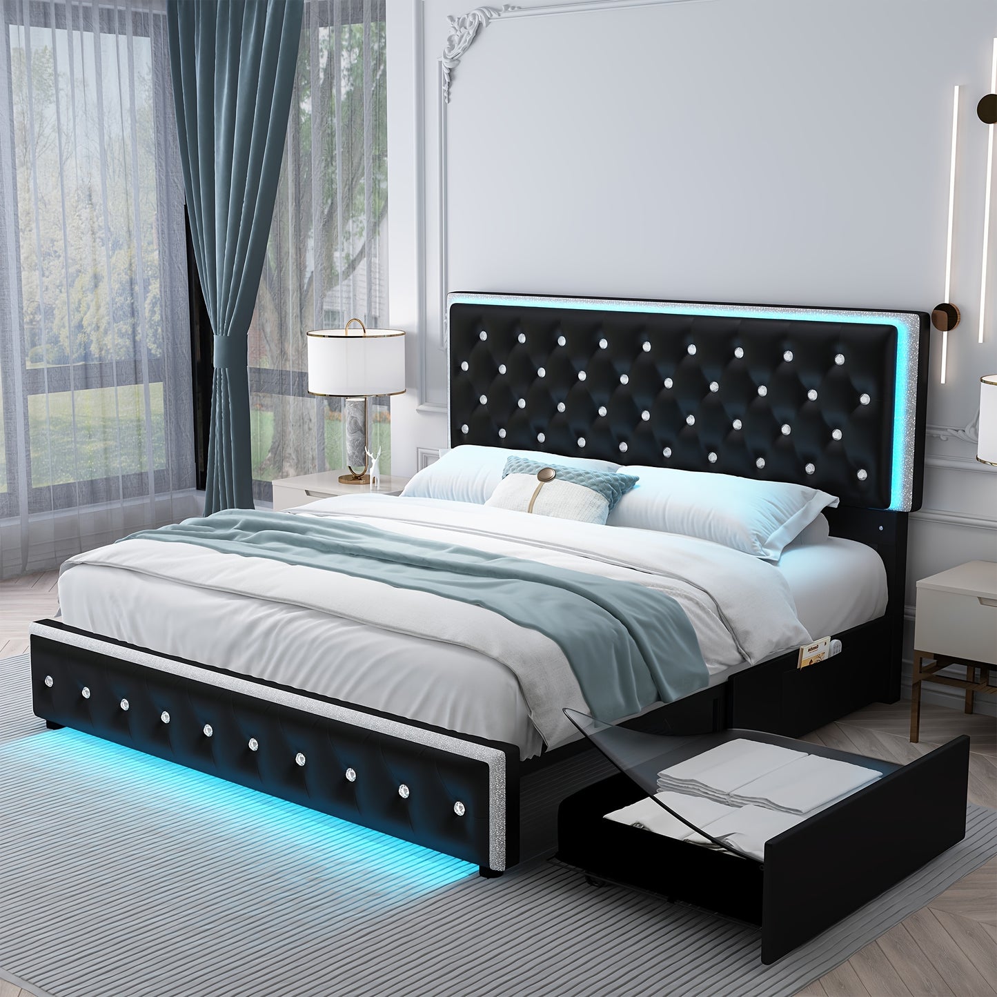 Sibeds Queen Size Upholstered LED Bed Frame With Storage Drawers, King Size Platform Storage Full Bed With Crystal Button Tufted Headboard And Solid Slats Support, Noise Free, No Box Spring Needed, PU Luxury Beds Girls Men's