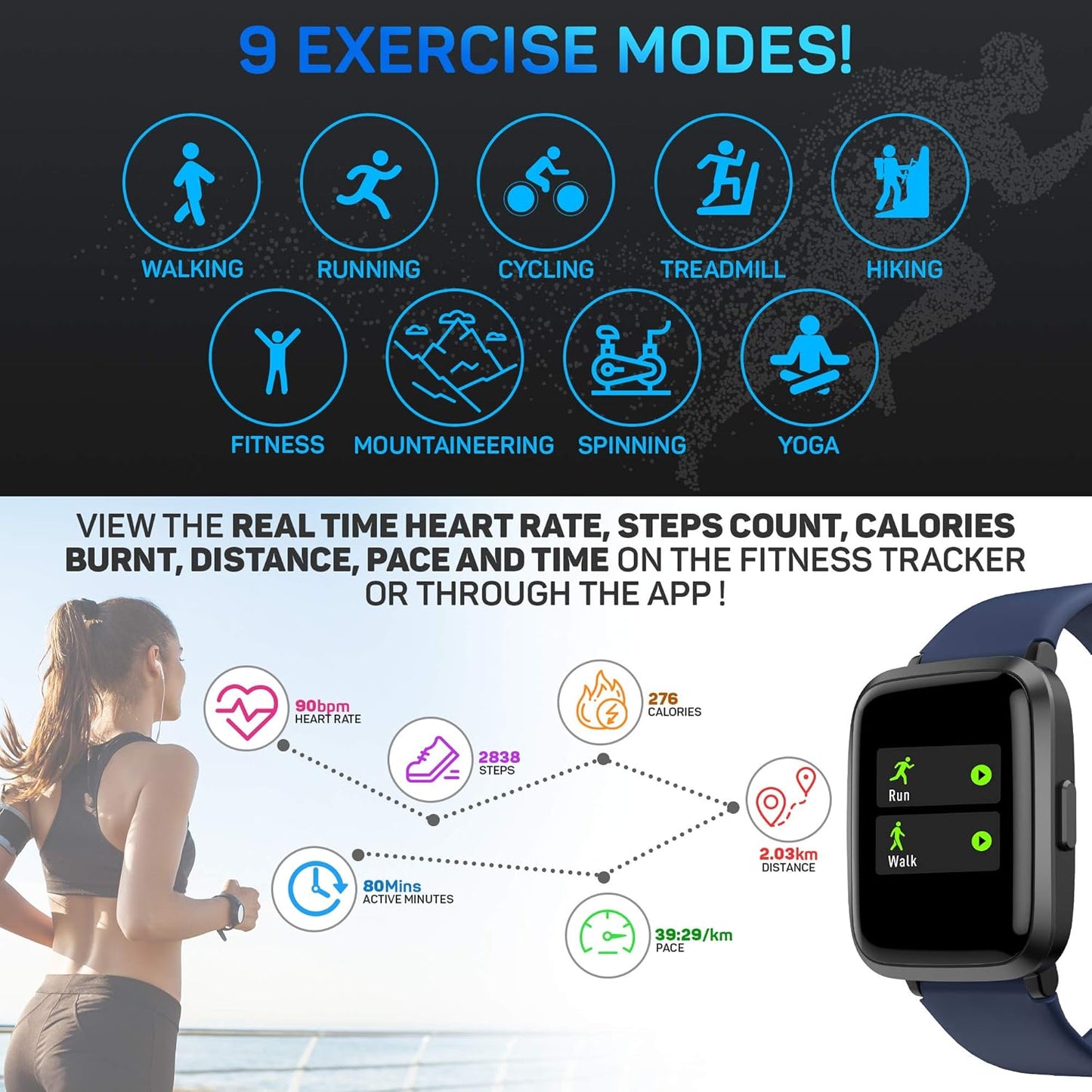 Pro-Fit Go Veryfitpro Smart Watch Activity Fitness Tracker Heart Rate Blood Oxygen Blood Pressure & Sleep Monitor Calorie Counter Pedometer Compatible with Iphone Samsung & Android (ID205U) (Blue)