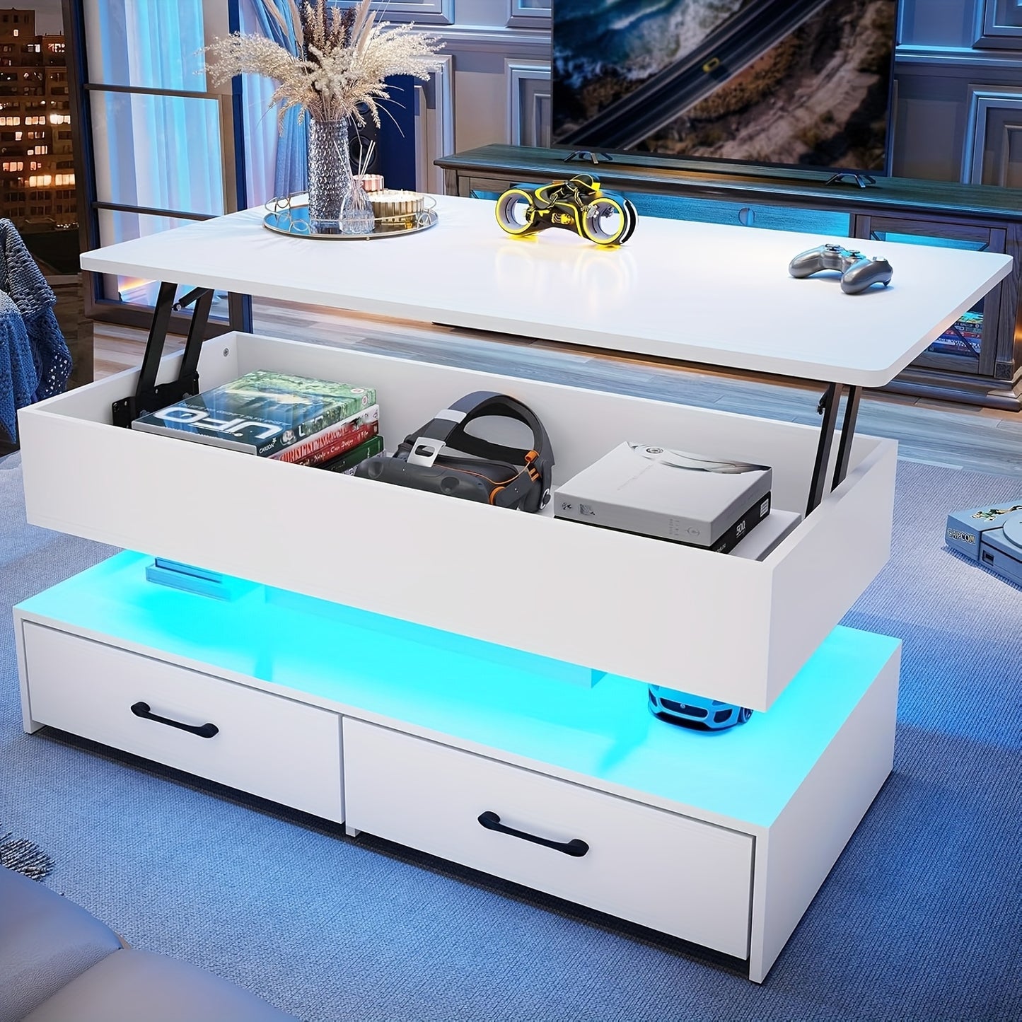 40" Lift-Top Coffee Table with LED Light & Storage Shelves - Adjustable Height, USB-Powered Modern Design, Large Capacity for Living Room, Bedroom, Office, Coffee Table for Living Room, Contemporary Furniture, Sleek Metal Fin