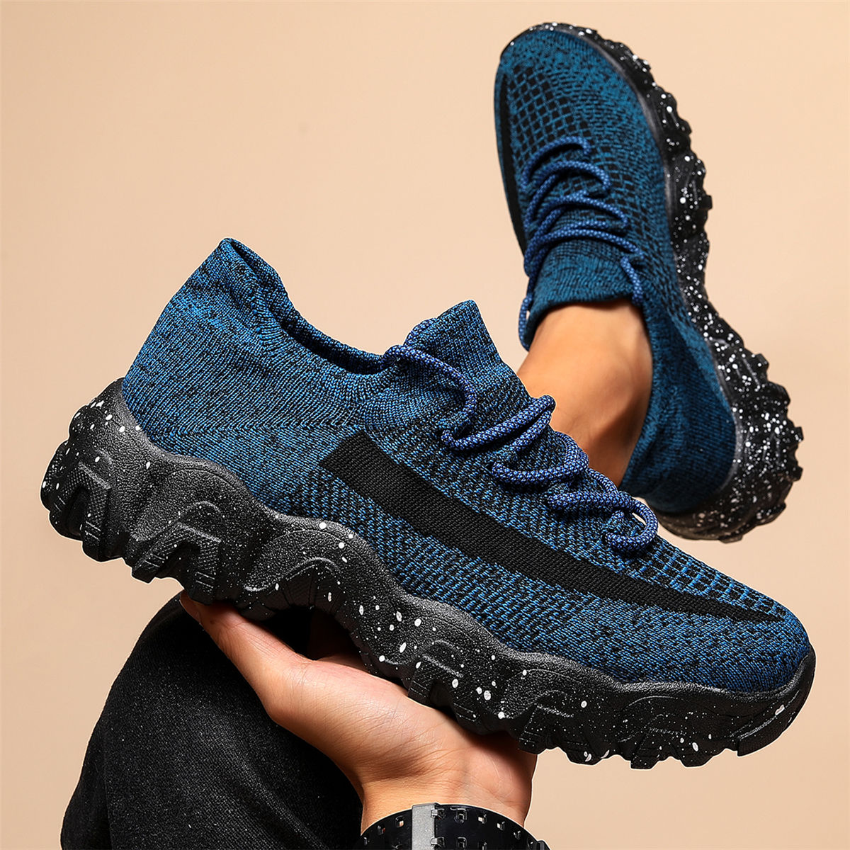 Men'S Casual Sneakers - Breathable Knit Upper, Geometric Pattern, Lace-Up Closure, Durable Rubber Sole, Comfortable Fabric Lining for Spring Sports & Casual Attire, Athletic Footwear | Geometric Pattern Shoes | Knit Construct