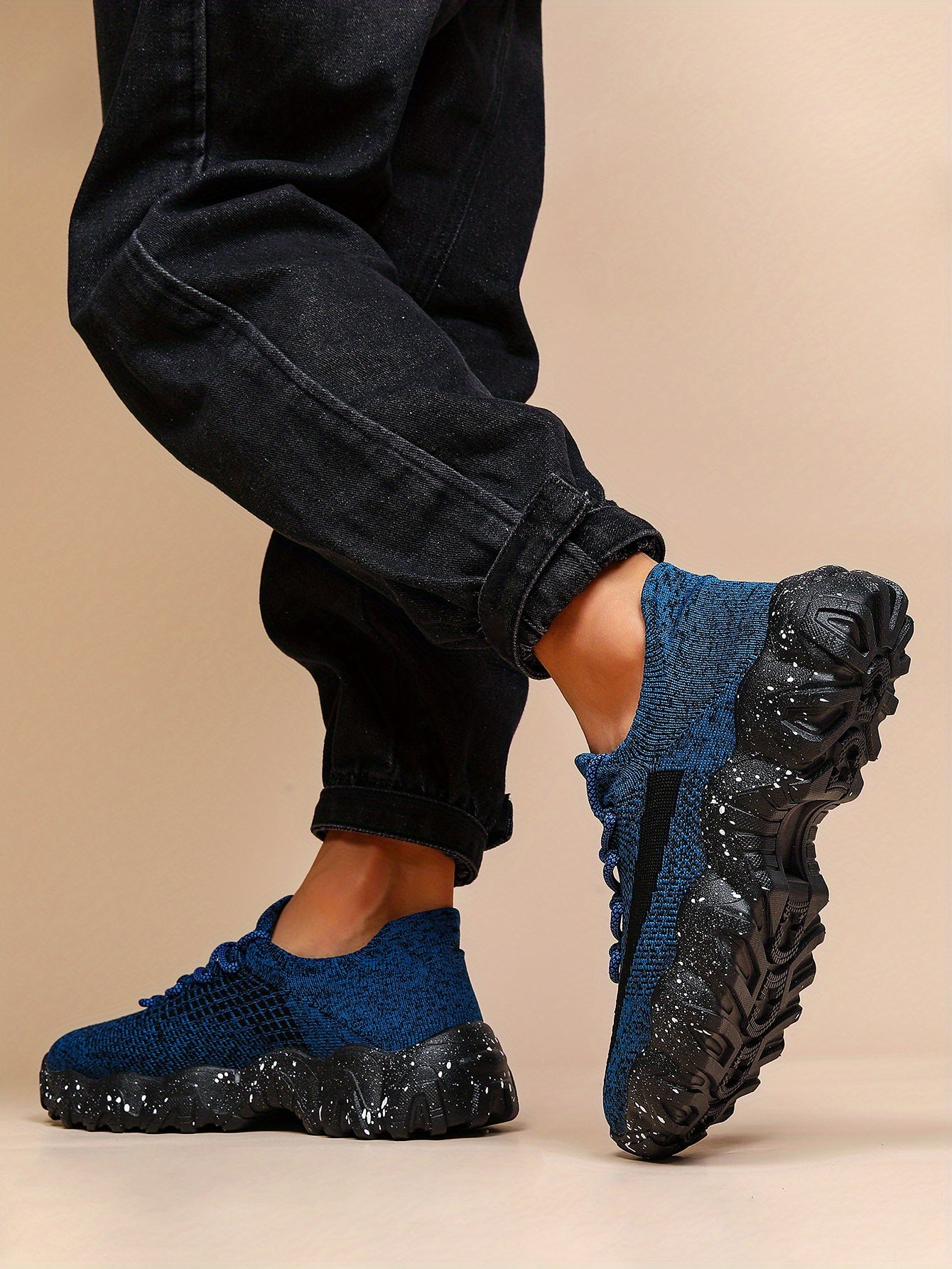Men'S Casual Sneakers - Breathable Knit Upper, Geometric Pattern, Lace-Up Closure, Durable Rubber Sole, Comfortable Fabric Lining for Spring Sports & Casual Attire, Athletic Footwear | Geometric Pattern Shoes | Knit Construct