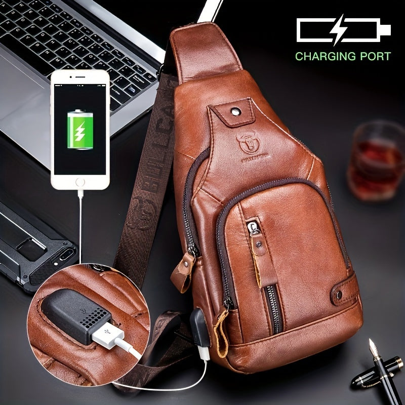 Fashion-Forward Men's Genuine Leather Bag: Adjustable, Spacious & Detailed for All Outings
