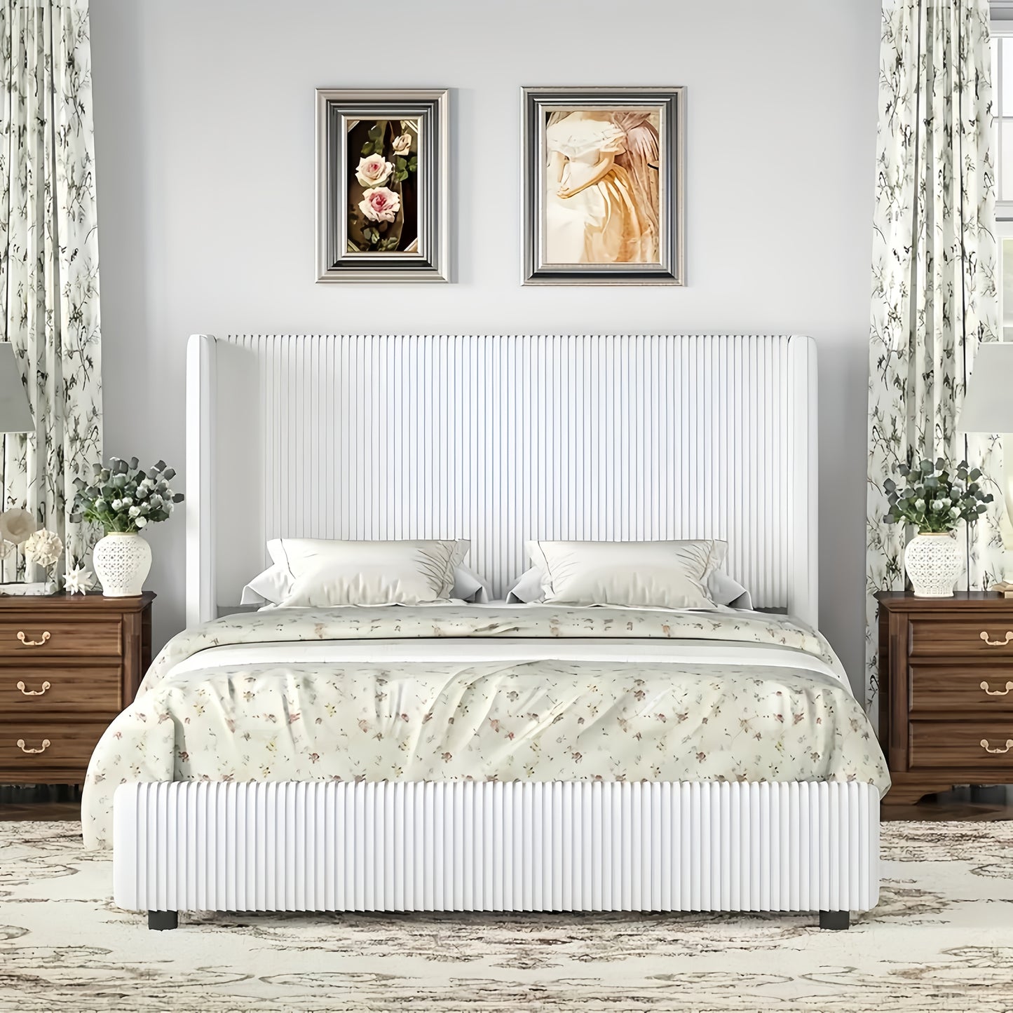 Bedroom Furniture| Elegant Beige Corduroy Upholstered Bed Frame - Soft, Low Profile Platform Bed with Vertical Tufted Headboard, No Box Spring Needed, Easy Assembly, Hardwood Fiber Board, Full Body Support, Bed Accessories