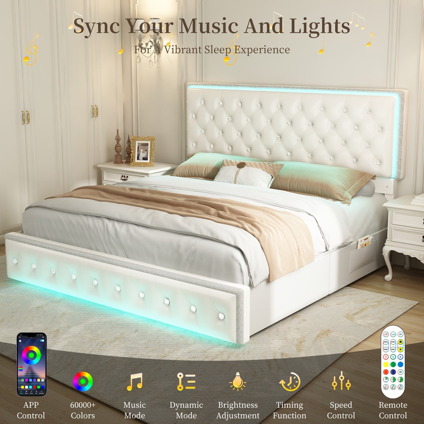 Sibeds Queen Size Upholstered LED Bed Frame With Storage Drawers, King Size Platform Storage Full Bed With Crystal Button Tufted Headboard And Solid Slats Support, Noise Free, No Box Spring Needed, PU Luxury Beds Girls Men's