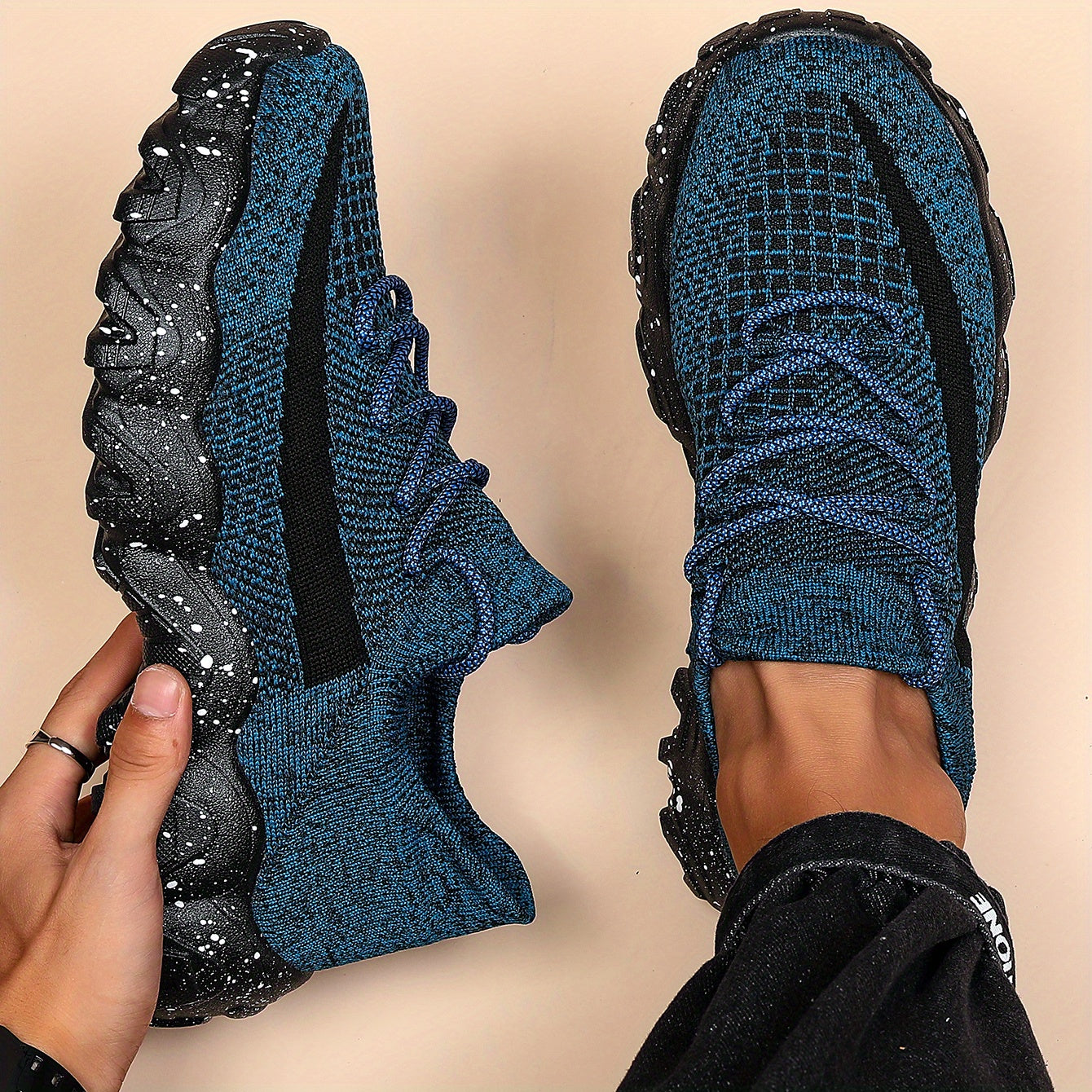 Men'S Casual Sneakers - Breathable Knit Upper, Geometric Pattern, Lace-Up Closure, Durable Rubber Sole, Comfortable Fabric Lining for Spring Sports & Casual Attire, Athletic Footwear | Geometric Pattern Shoes | Knit Construct