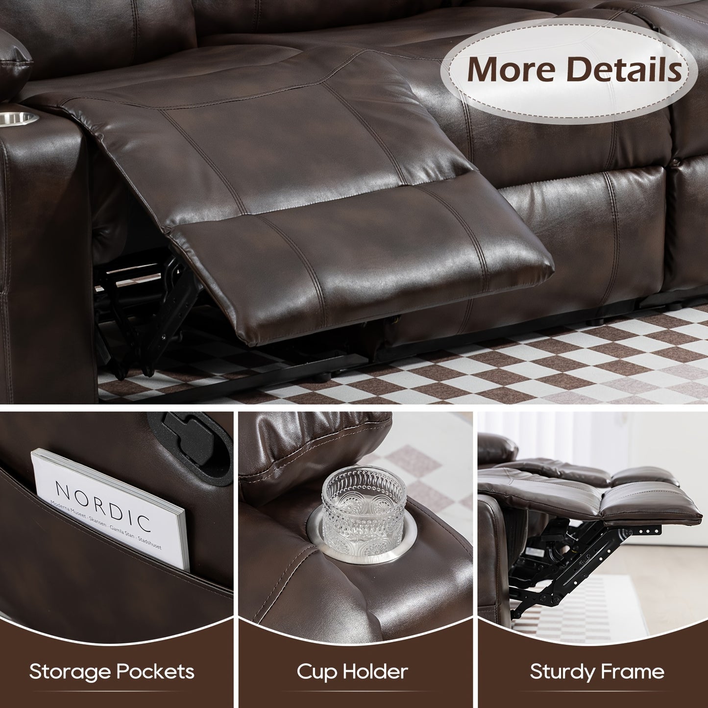 Consofa Manual Recliner Chair Set, Fabric Reclining Sofa Chair With Cup Holders, Upholstered Recliner With Side Pockets Suitable For Living Room Furniture (3Brown
