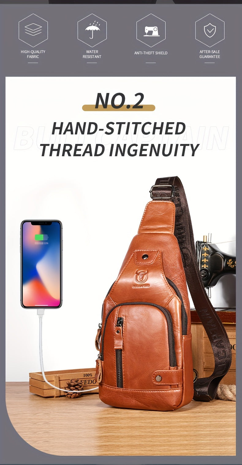 Fashion-Forward Men's Genuine Leather Bag: Adjustable, Spacious & Detailed for All Outings