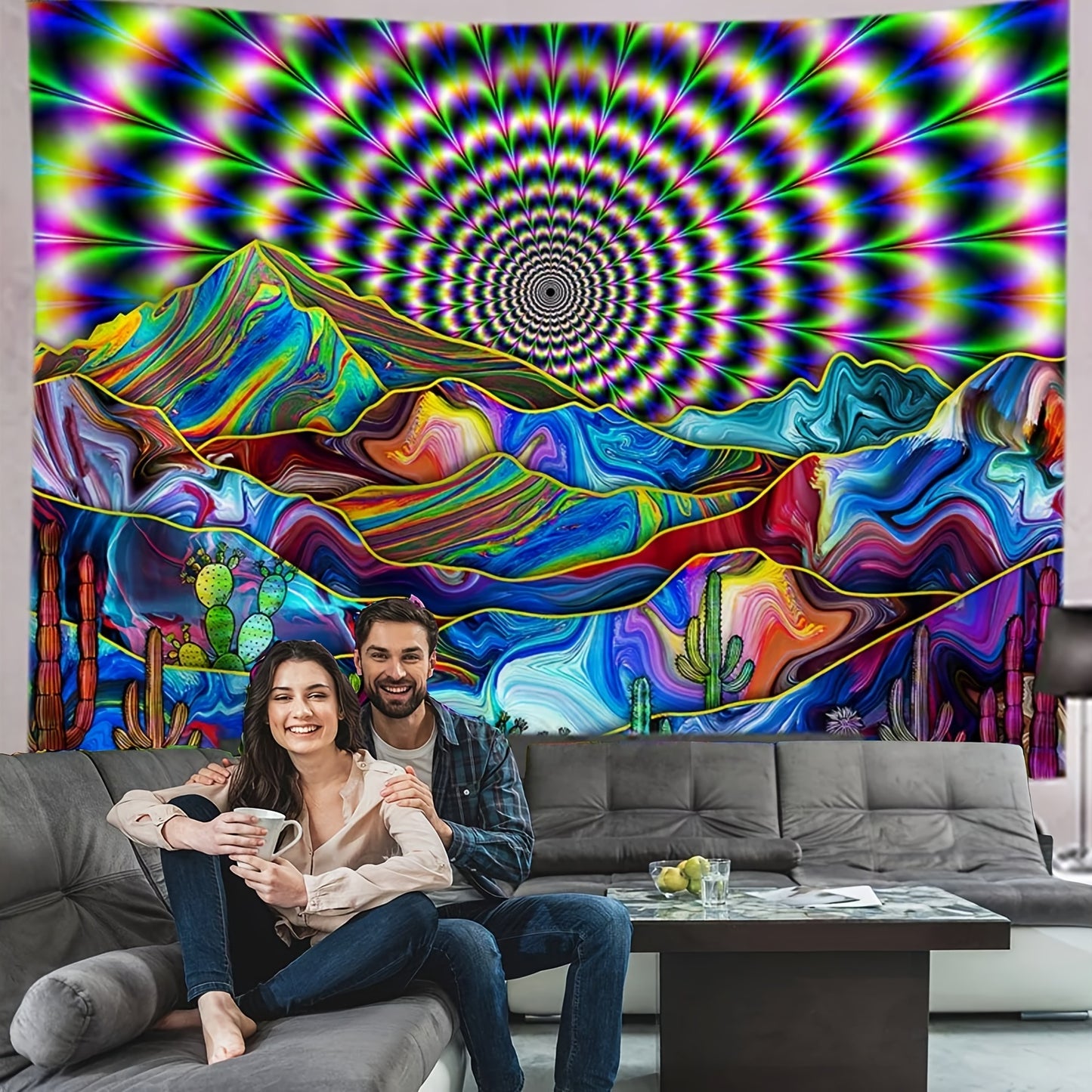 Colorful Psychedelic Mountain Tapestry: Modern Abstract Art for Bedroom or Living Room