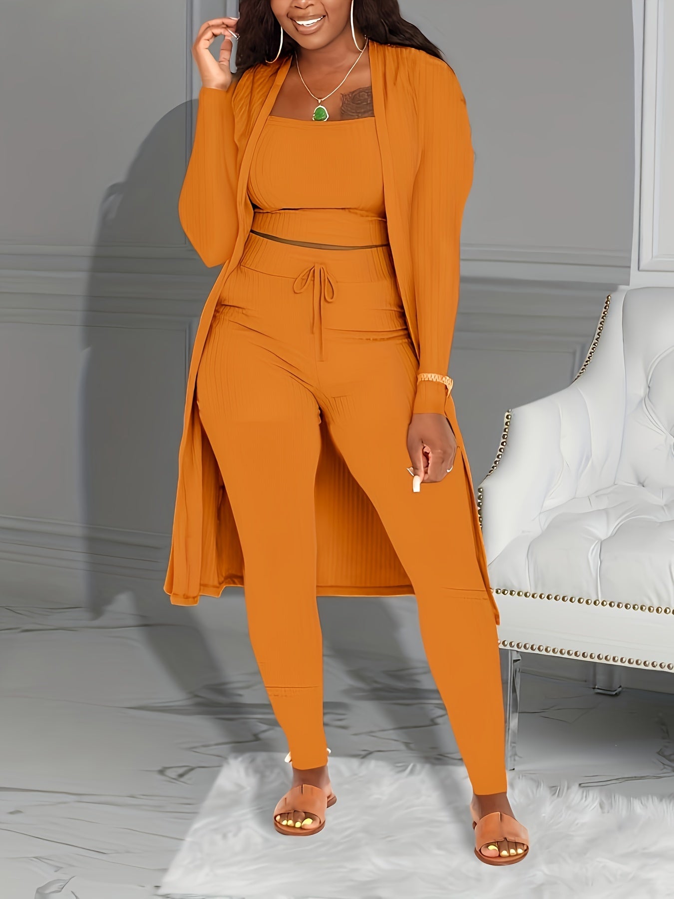 Casual Ribbed 3pcs Set, Crop Tank Top + High Waist Drawstring Pants + Longline Cardigan Outfits, Women's Clothing