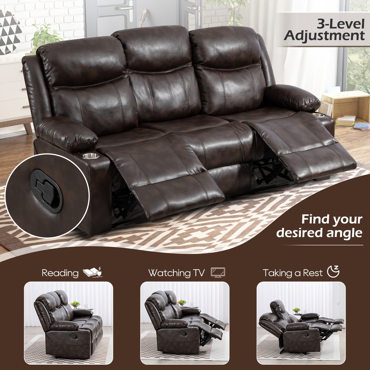 Consofa Manual Recliner Chair Set, Fabric Reclining Sofa Chair With Cup Holders, Upholstered Recliner With Side Pockets Suitable For Living Room Furniture (3Brown