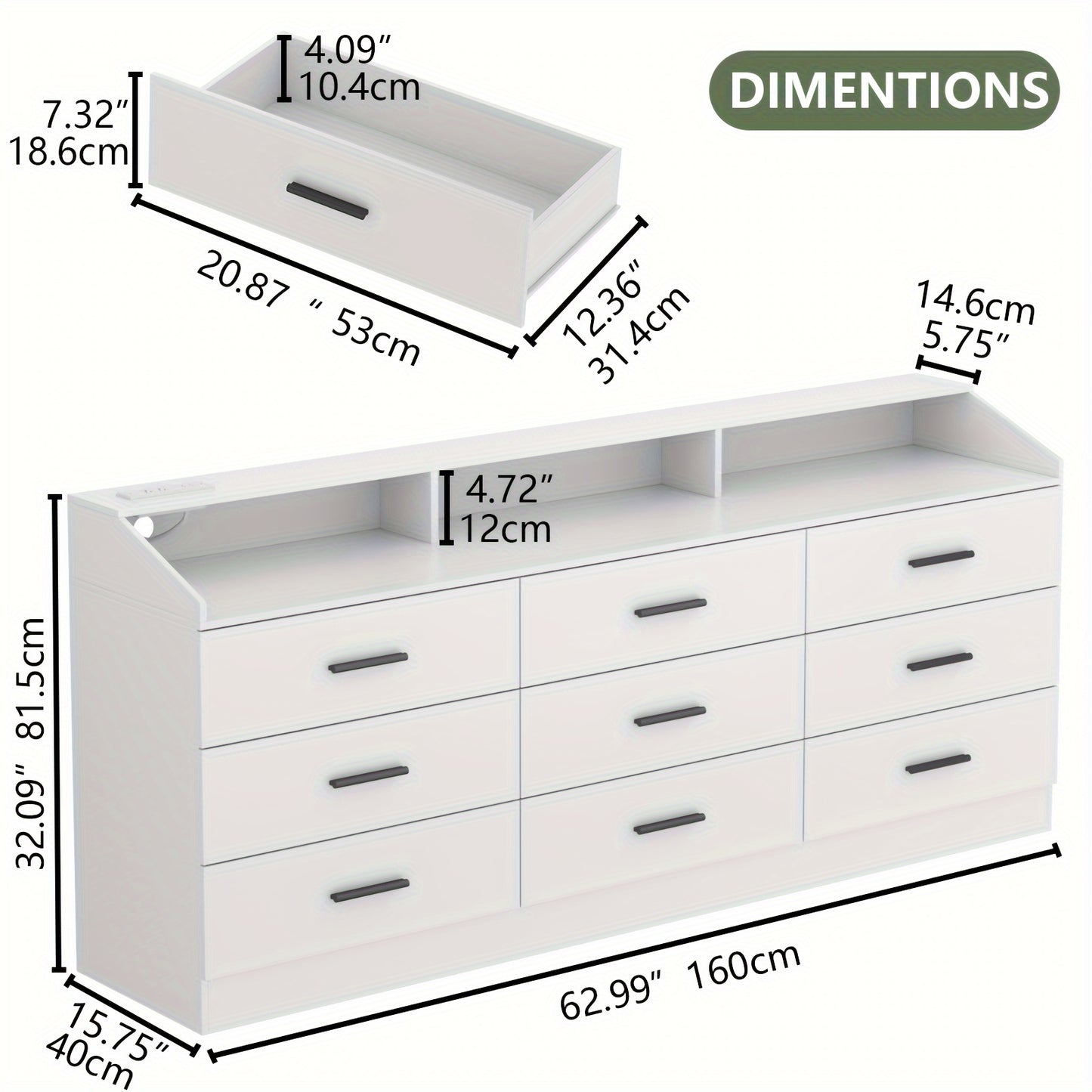 Modern Dresser with Integrated Power Outlet - 9-Drawer Storage Organizer, USB/US Plug, Space-Saving Design for Bedroom, Living Room, Entryway - Easy Assembly Required, Dresser for Bedroom, Bedroom Furniture, Contemporary Styl