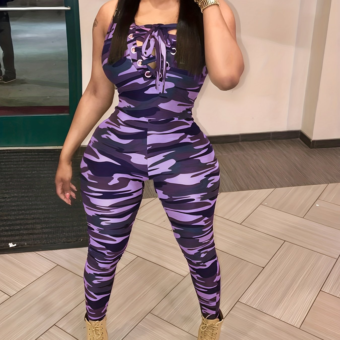 Sleeveless Leopard Print Sexy Jumpsuit, Skinny Camouflage Knitted Jumpsuit, Women's Clothing