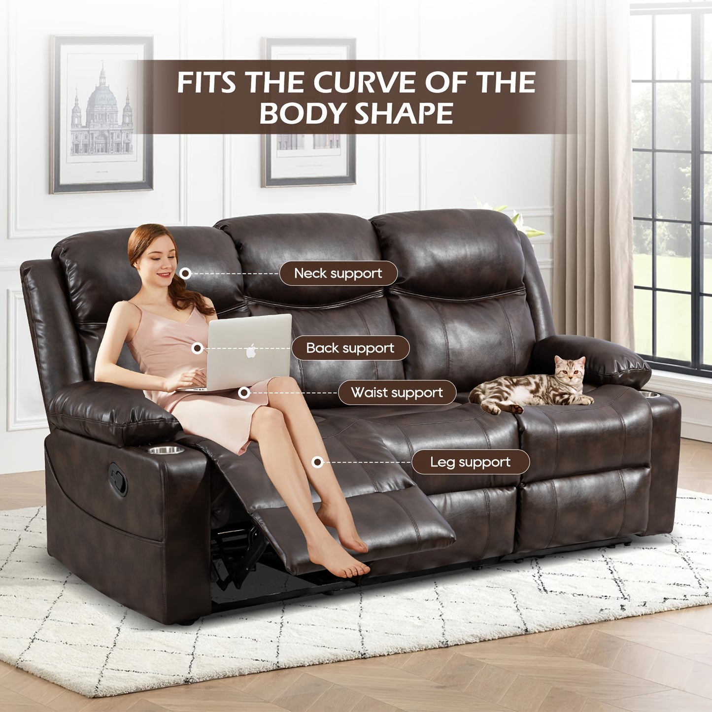 Consofa Manual Recliner Chair Set, Fabric Reclining Sofa Chair With Cup Holders, Upholstered Recliner With Side Pockets Suitable For Living Room Furniture (3Brown